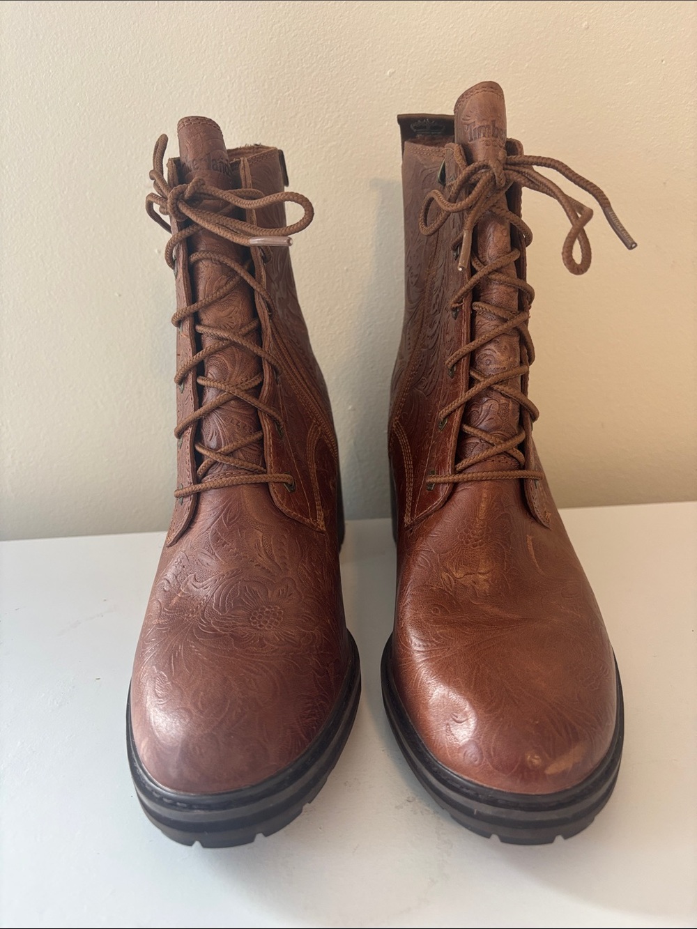 Timberland Brown Floral-Embossed Lace-Up Ankle Boots